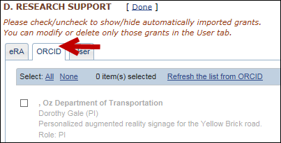 Screen capture of ORCID tab in Research Support.