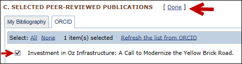 Screen capture of Selecting a publication to be displayed in a  SciENcv profile.