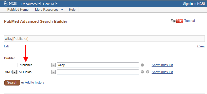 NLM Catalog Advanced search using Publisher drop-down field to retrieve all items with a publisher's name